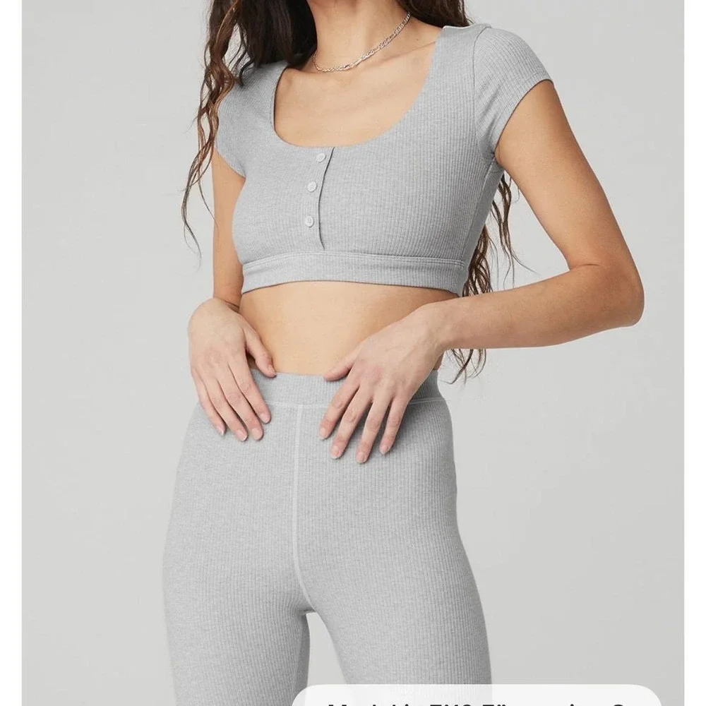 Alo Yoga Wellness Rib Henley Crop Top Leggings Set in Gray - Small / XSmall